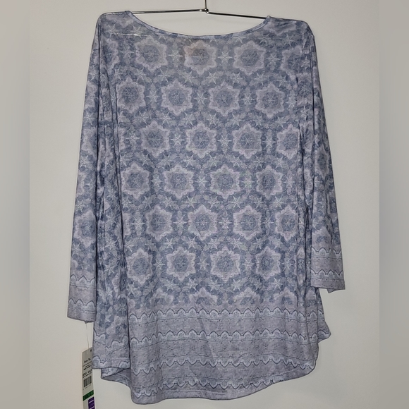 New Ruby Rd. Blue Geometric 3/4 Sleeve Keyhole Blouse Shirt Top Sz. L - Picture 4 of 5